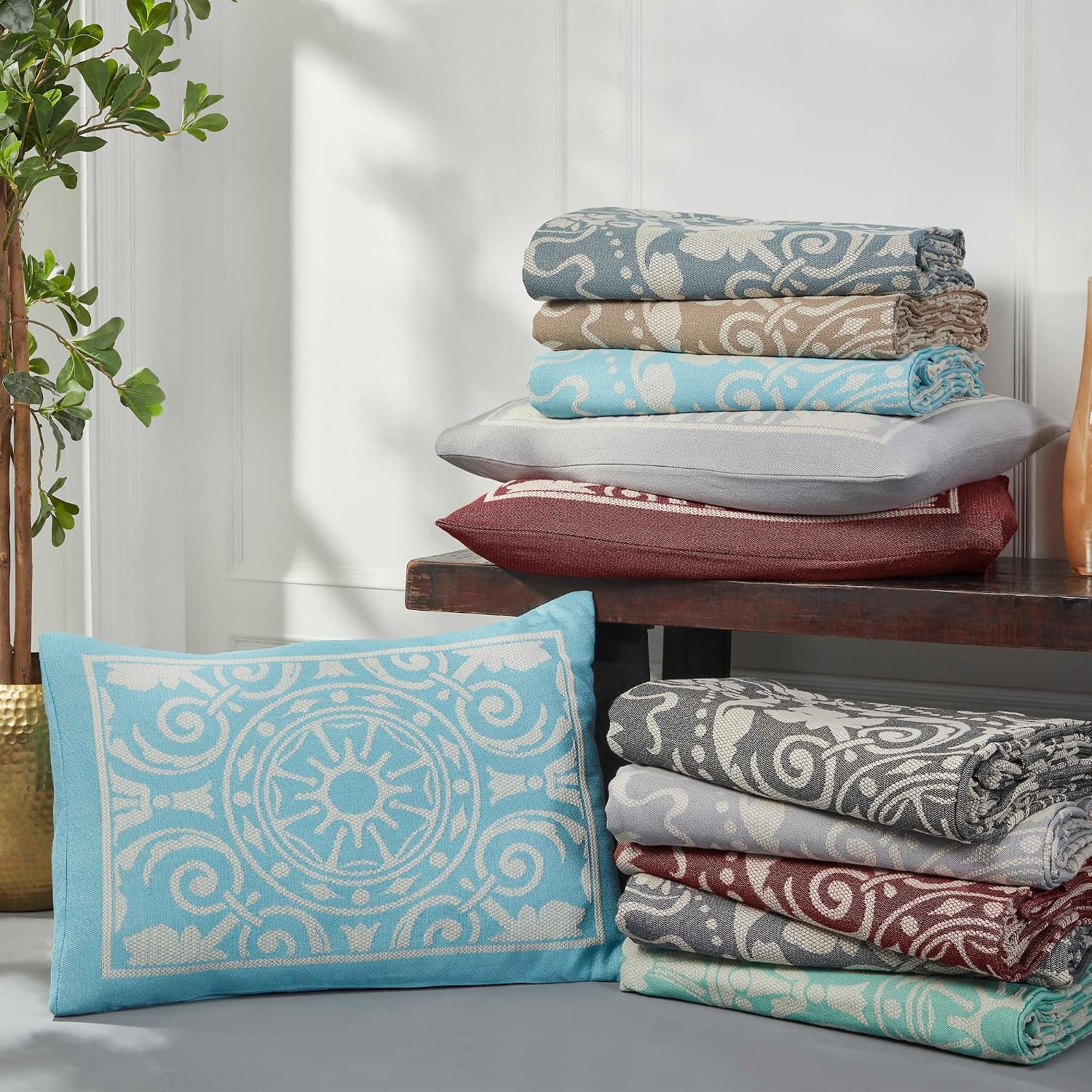 Superior Cotton Blend 3-Piece Bedspread Set, Tailored Bedspread Drape, 2 Matching Pillow Shams, Lightweight Blanket, Jacquard Traditional Medallion Bedding Decor, Adalie Collection, King, Aqua