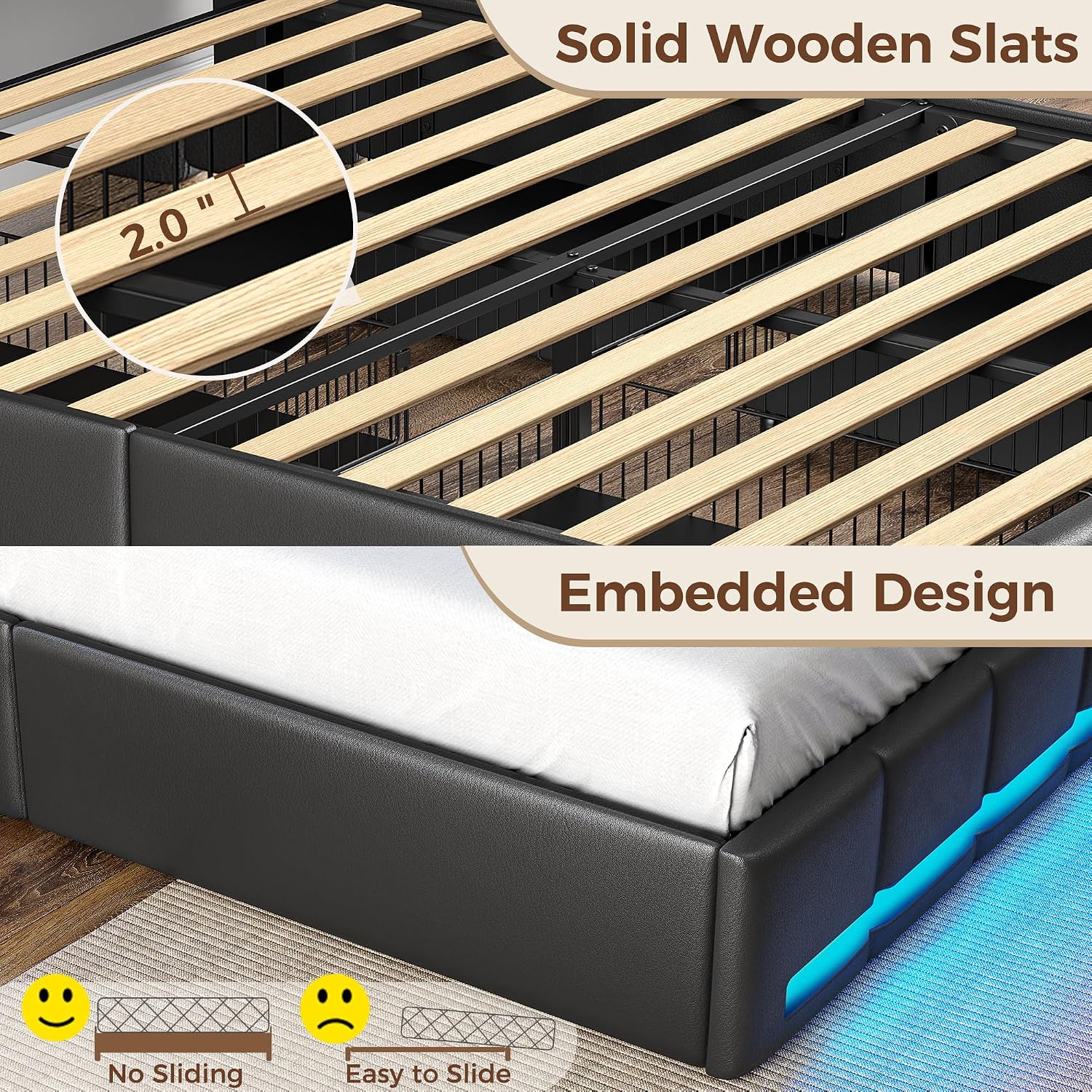 Rolanstar Twin Size Bed Frame with LED Lights and Charging Station, PU Leather Bed Storage Headboard & Drawers, Heavy Duty Wood Slats, Easy Assembly, Black