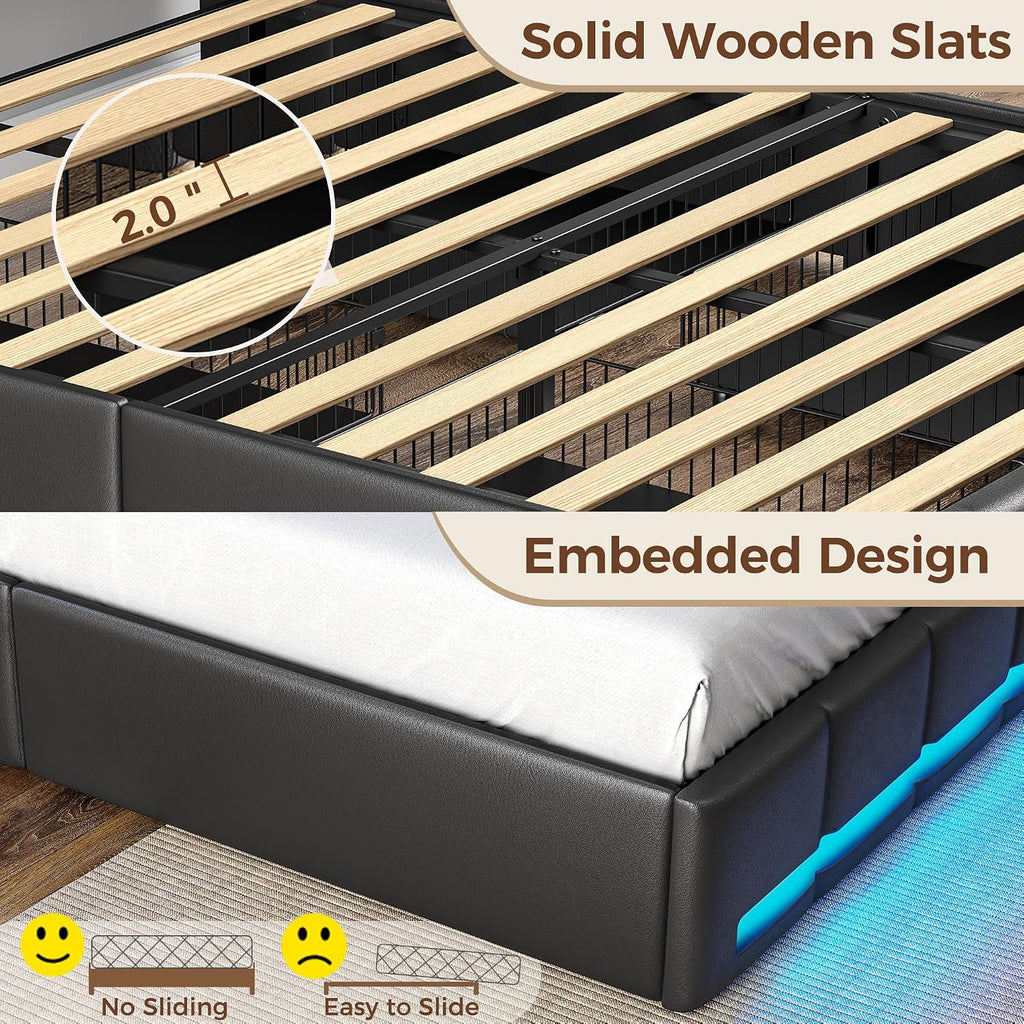 Rolanstar Queen Size Bed Frame with LED Lights and Charging Station, PU Leather Bed Storage Headboard & Drawers, Heavy Duty Wood Slats, Easy Assembly, Black