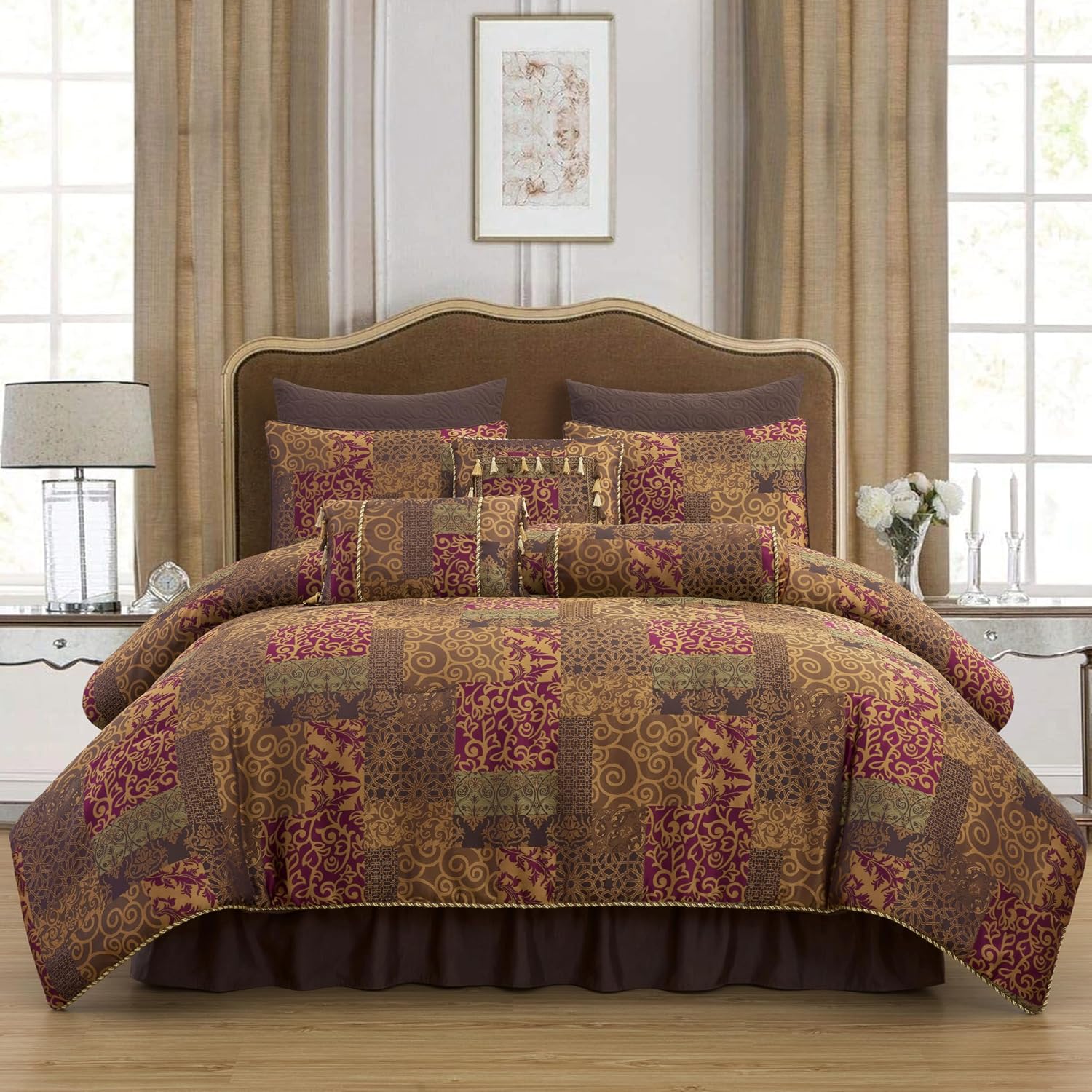 Chezmoi Collection Amelia 9-Piece Floral Jacquard Patchwork Comforter Set, Queen, Multi-Color