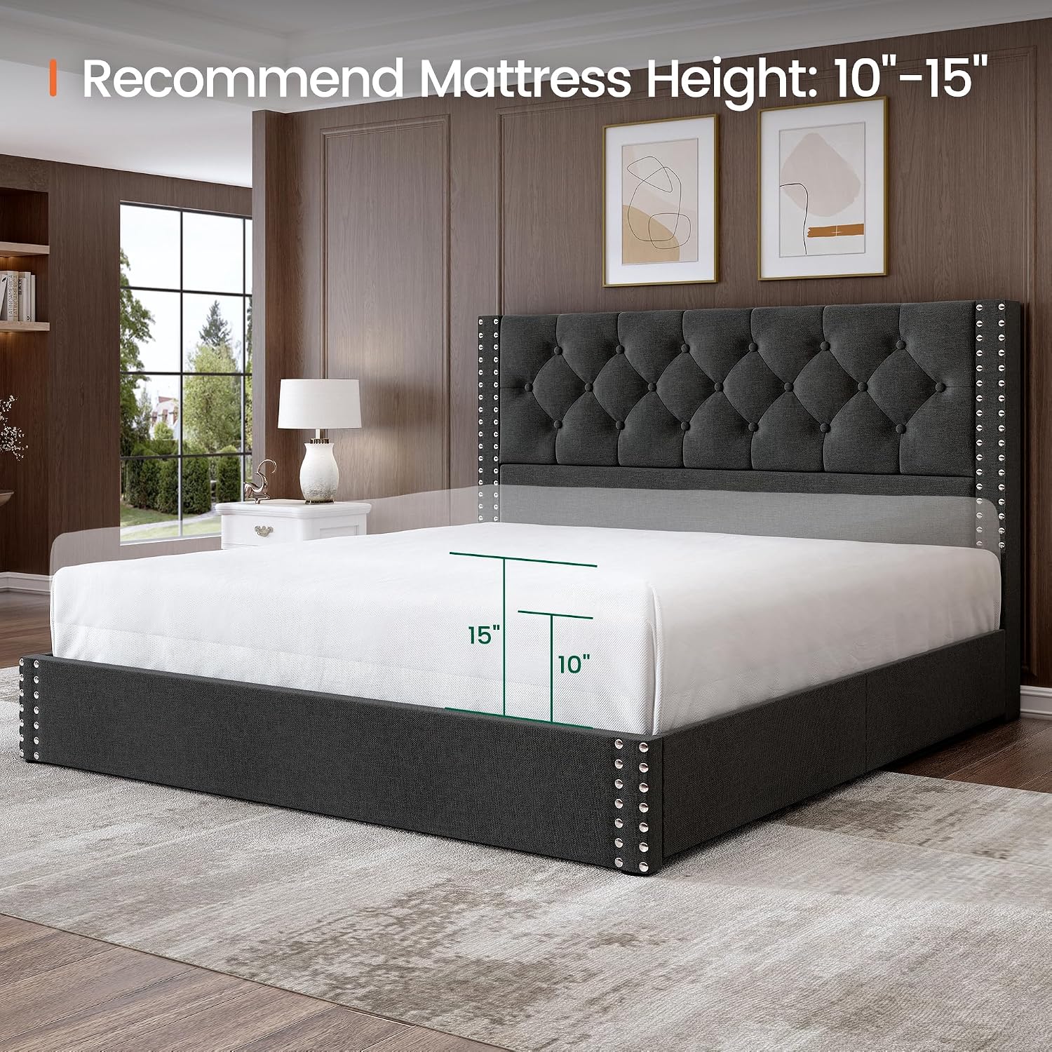 LARMACE Queen Size Bed Frame with 4 Storage Drawers and Tufted Headboard Linen Upholstered Platform Bed Frame with Heavy Duty Wood Slats, No Box Spring Needed, Easy Assembly, Grey