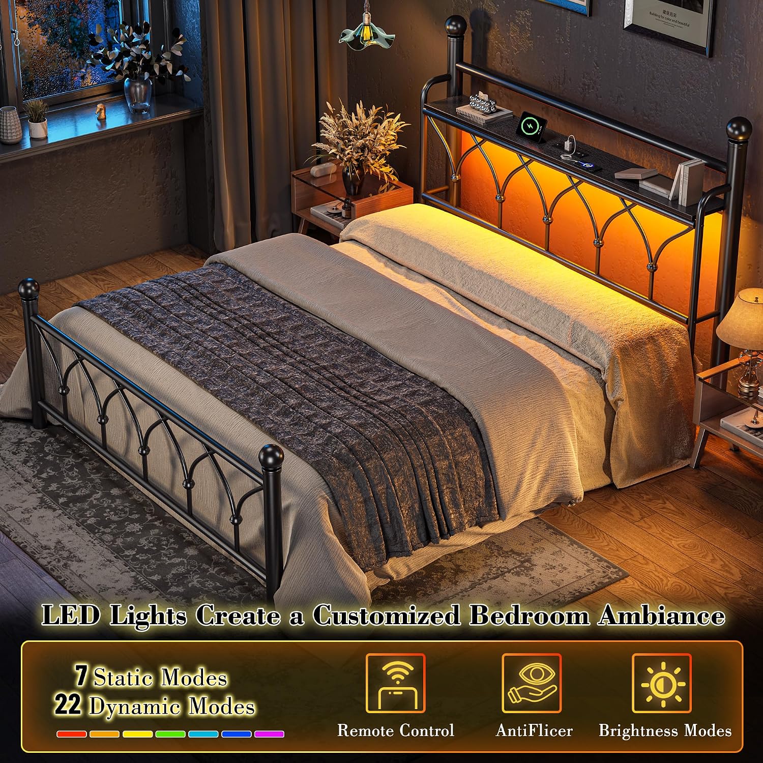 EnHomee Full Bed Frame with Vintage Headboard, Metal Victorian Style Full Size Bed Frame with Storage, LED Lights,Power Outlets, Sturdy & Easy Assembly, Noise-Free, No Box Spring Needed,Black