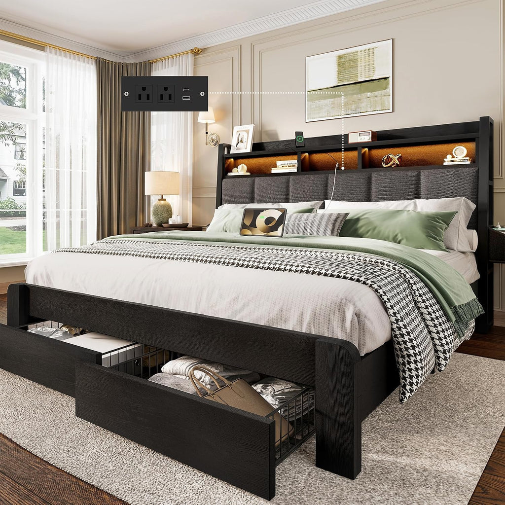 BRELTAM Queen Size Bed Frame with Storage Drawers Upholstered Bed with 2-Tier Storage Headboard and LED Light&Charging Station,Metal Platform Bed Frame Queen Size,Noise Free,No Box Spring Needed,Black