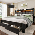 BRELTAM Queen Size Bed Frame with Storage Drawers Upholstered Bed with 2-Tier Storage Headboard and LED Light&Charging Station,Metal Platform Bed Frame Queen Size,Noise Free,No Box Spring Needed,Black