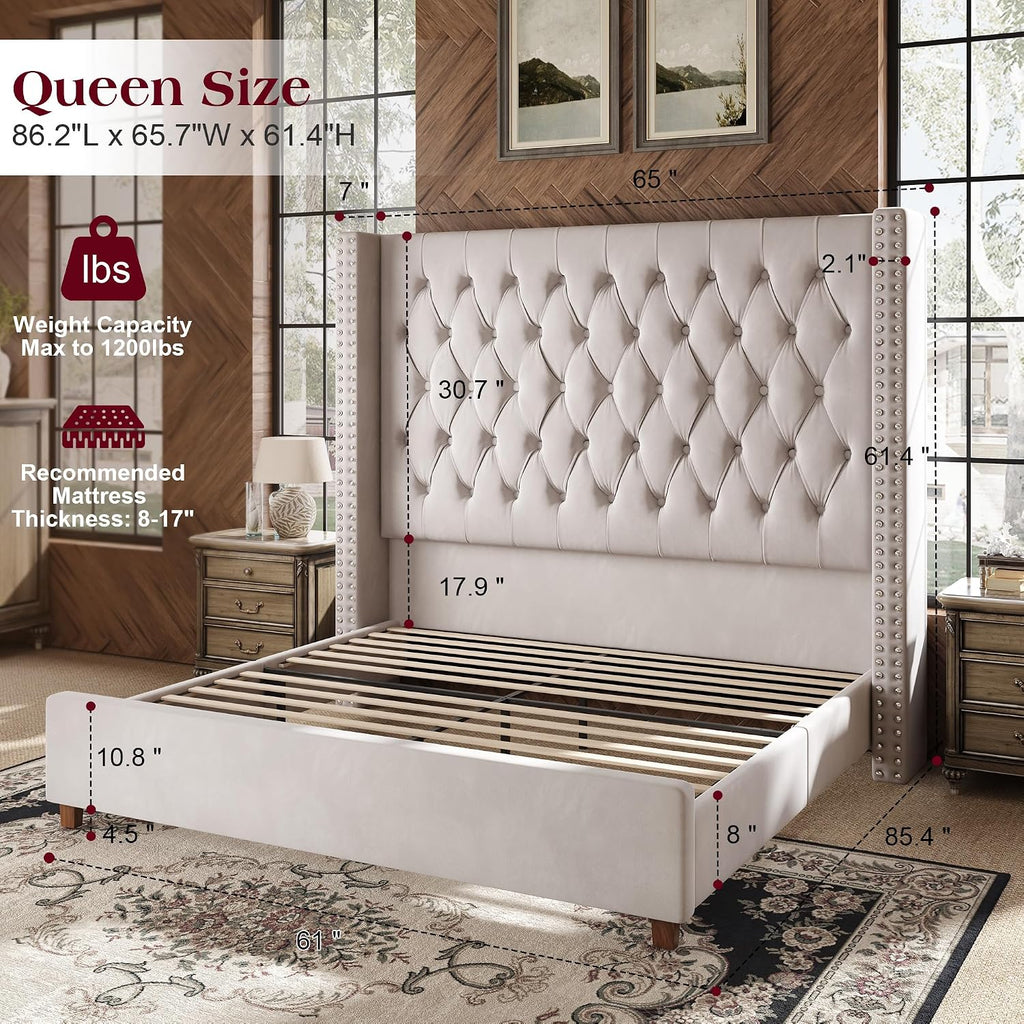 PaPaJet Queen Bed Frame with 61.4' Extra Tall Wingback Headboard, Velvet Upholstered Platform Bed, Noise-Free Support, No Box Spring Needed, Stylish Bed for Couples, Guest Rooms & Apartments, Cream