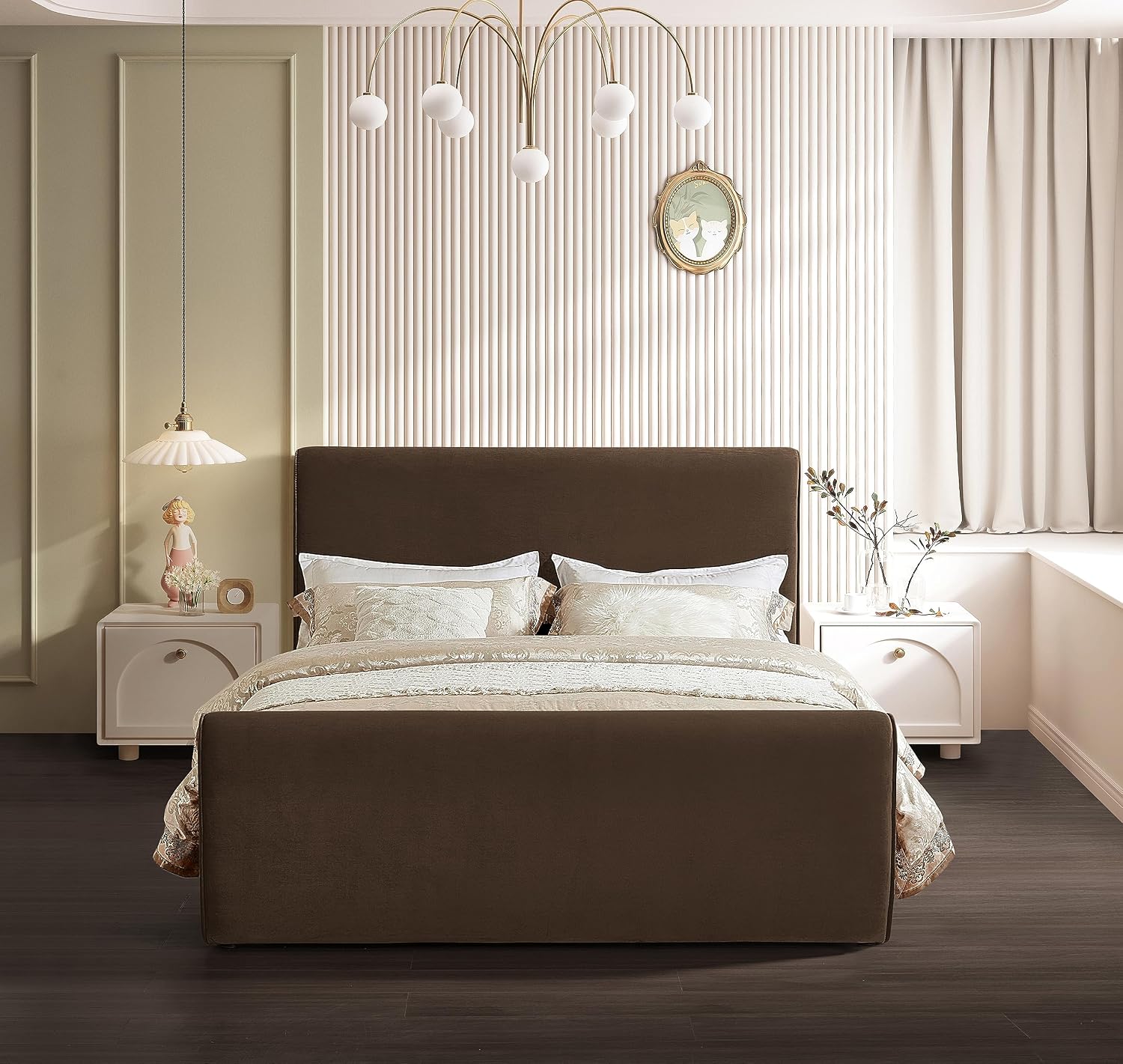 Meridian Furniture SloanBrown-K Sloan Collection Modern | Contemporary Velvet Upholstered King Bed with Rich Soft Brown Velvet, Curved Headboard and Footboard, 82' W x 96' D x 45' H, Brown, King