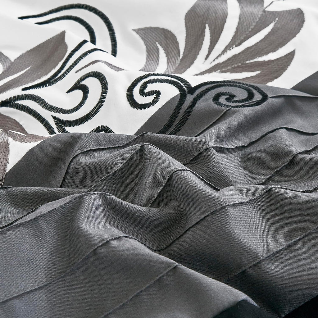 Chezmoi Collection Napa 7-Piece Luxury Leaves Scroll Embroidery Bedding Comforter Set (King, Black/Gray/White)