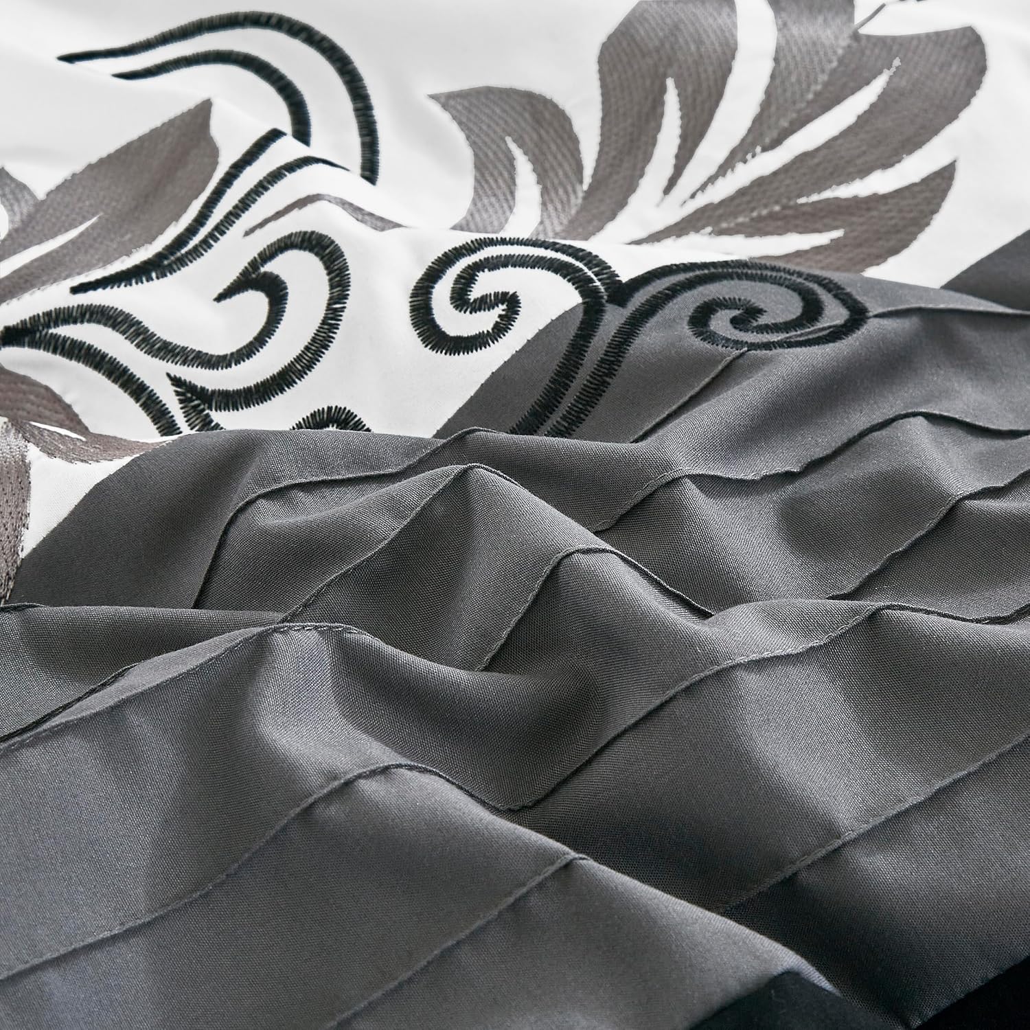 Chezmoi Collection Napa 7-Piece Luxury Leaves Scroll Embroidery Bedding Comforter Set (King, Black/Gray/White)