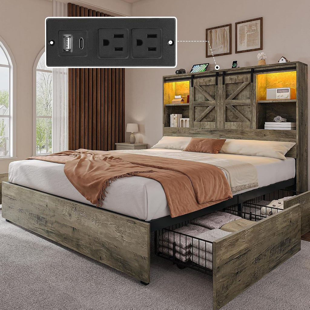 DWVO Farmhouse Queen Size Bed with 50' Tall Storage Bookcase Headboard, Sliding Barn Door, 4 Storage Drawers, RGB LED Bed Frame w/Type-C&USB Charging Station, No Box Spring Needed, Antique Grey