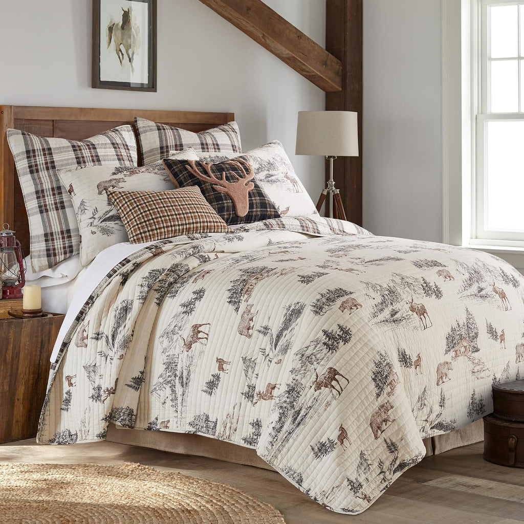 Levtex Home - Lodge Toile Quilt Set - Full/Queen Quilt and Two Standard Shams - Mountain Lodge - Brown Cream Charcoal - Quilt (88x92in.) and Shams (20x26in.) - Reversible - Cotton