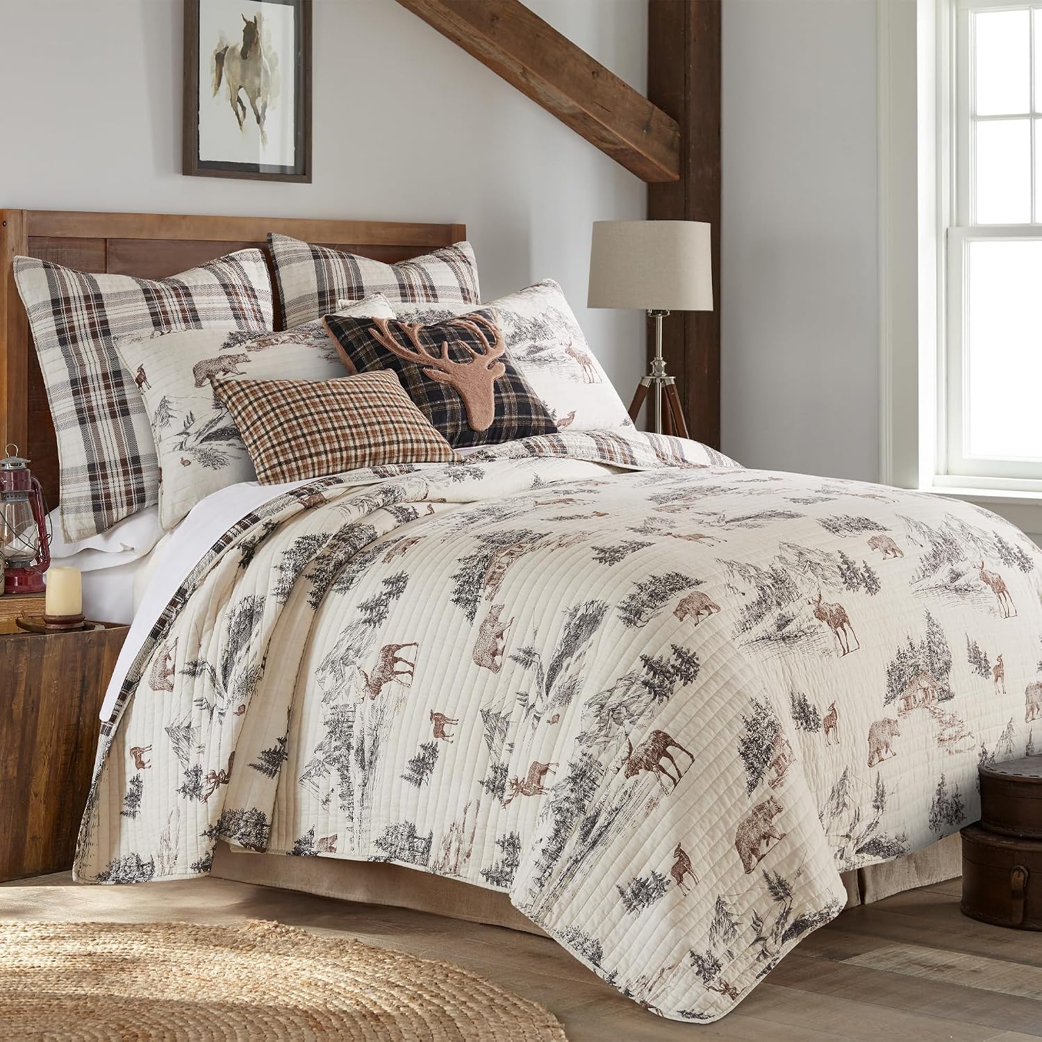 Levtex Home - Lodge Toile Quilt Set - Full/Queen Quilt and Two Standard Shams - Mountain Lodge - Brown Cream Charcoal - Quilt (88x92in.) and Shams (20x26in.) - Reversible - Cotton