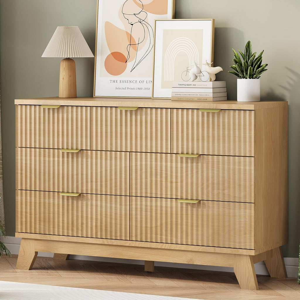 Fluted Dresser for Bedroom with 7 Drawers, 48' Wide Modern Chest of Drawers with Metal Handle, Wood Dresser TV Stand, Wooden Closet Clothes Storage Organizer for Living Room, Hallway, Natural Oak