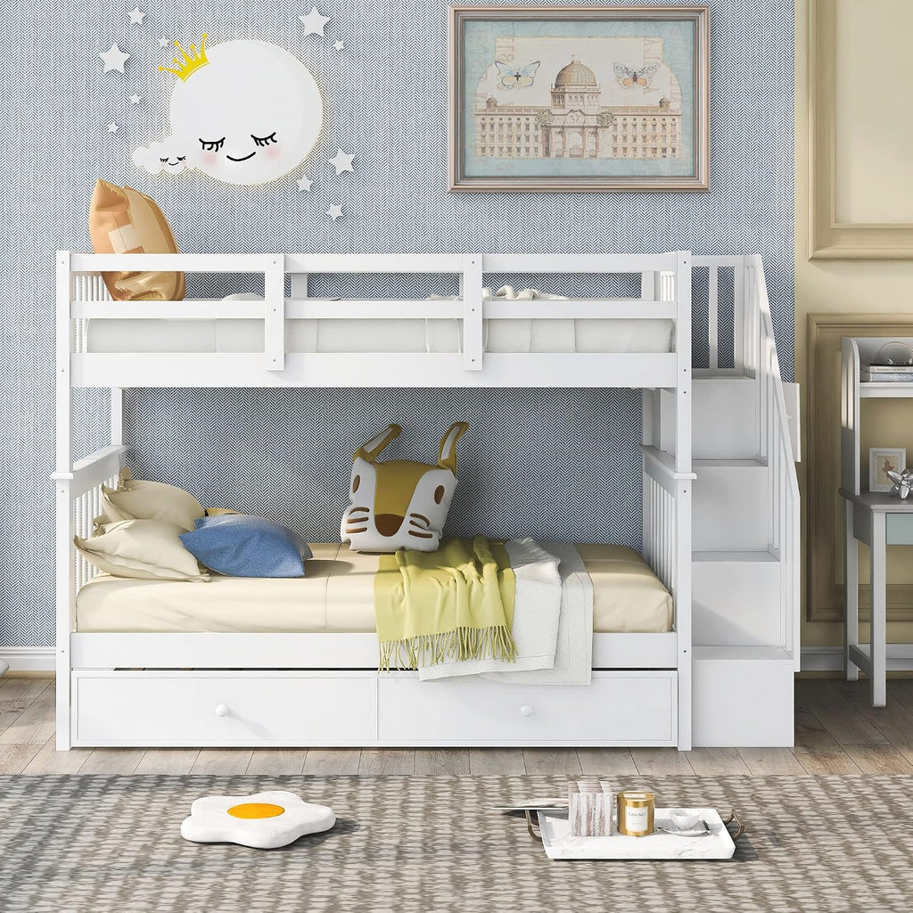 Harper & Bright Designs Twin-Over-Twin Bunk Bed with Trundle and Storage Staircase, Solid Wood 3 in 1 Stairway Bunk Bed with Trundle, White