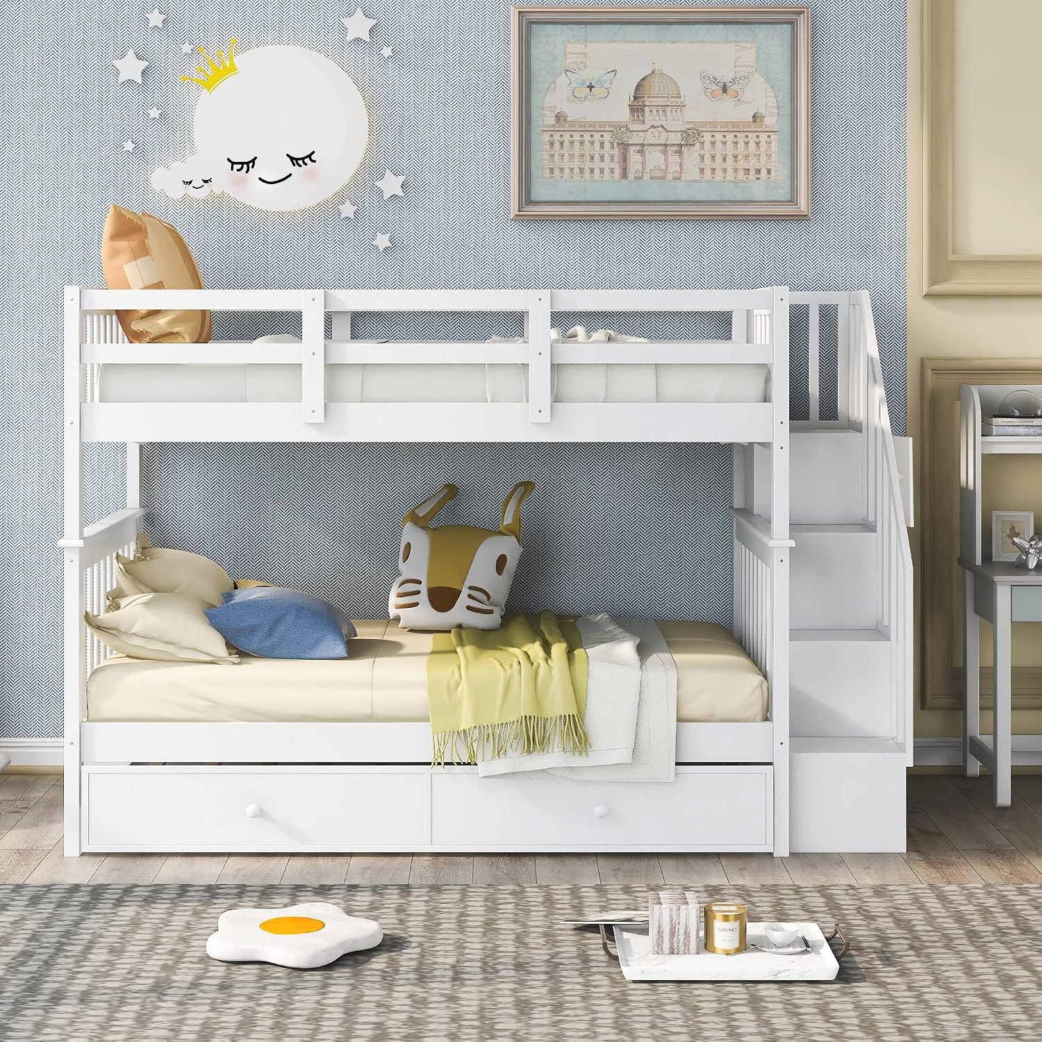 Harper & Bright Designs Twin-Over-Twin Bunk Bed with Trundle and Storage Staircase, Solid Wood 3 in 1 Stairway Bunk Bed with Trundle, White