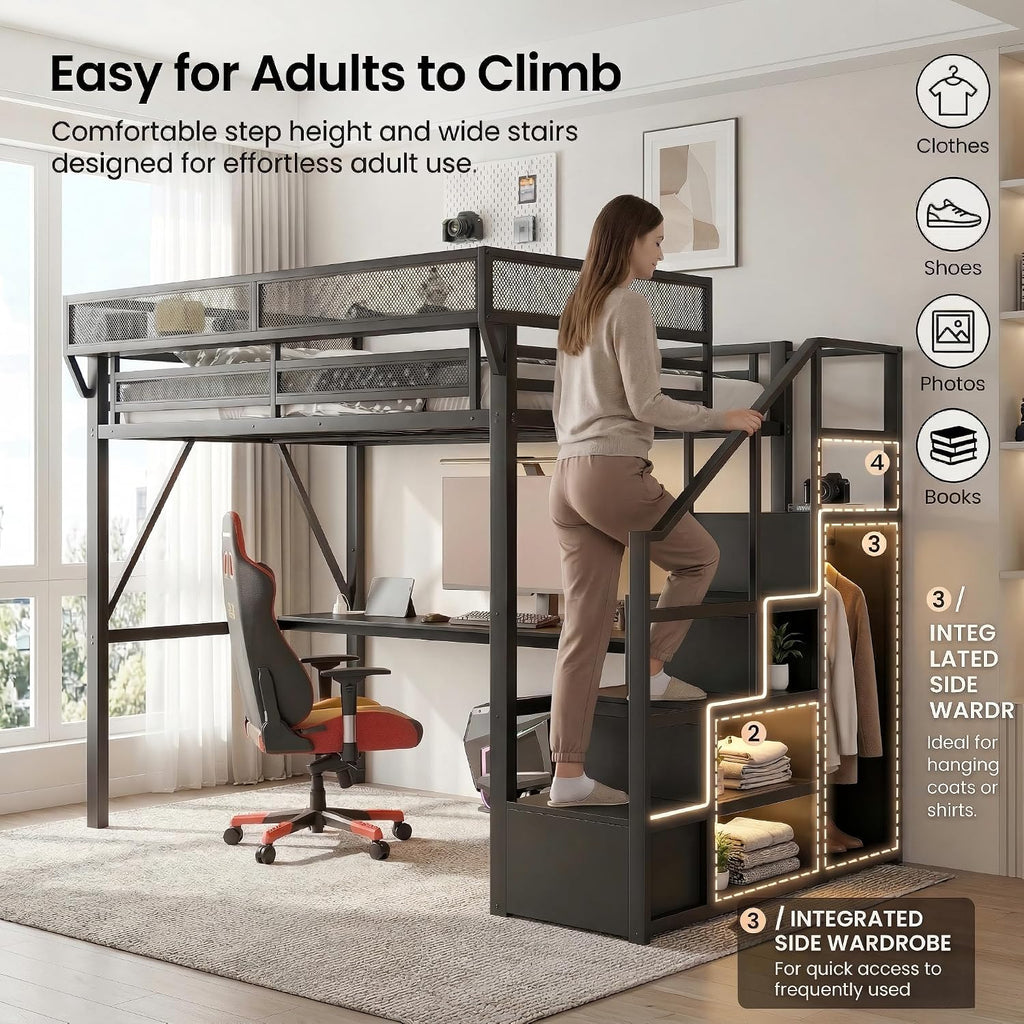 Mirightone Full Size Loft Bed with Desk and Light, Metal Loft Bed Frame with Stairs and Bedside Shelf, Tall Lofts Beds with Storage Shelves and Wardrobe for Kids Teens, Black