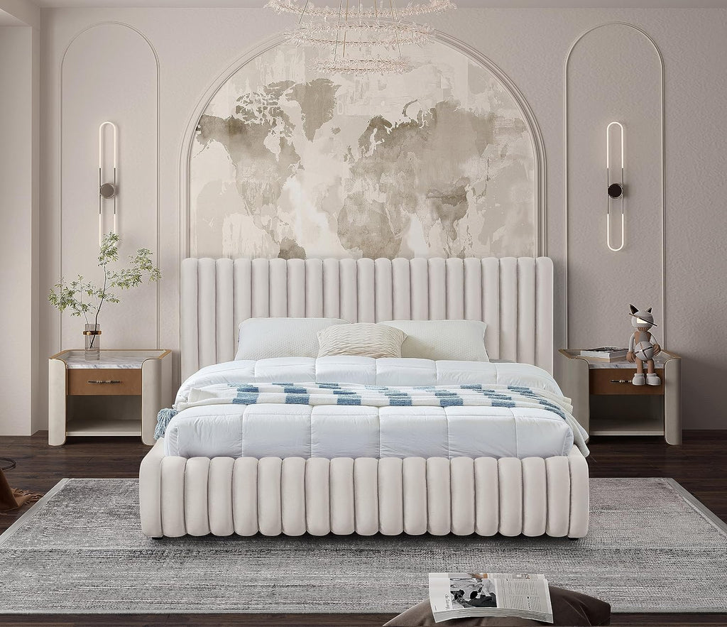 Meridian Furniture NicoCream-K Nico Collection Modern | Contemporary Velvet Upholstered King Bed with Rich Cream Velvet and Deep Channel Tufting, 89' W x 91' D x 38' H, Cream, King
