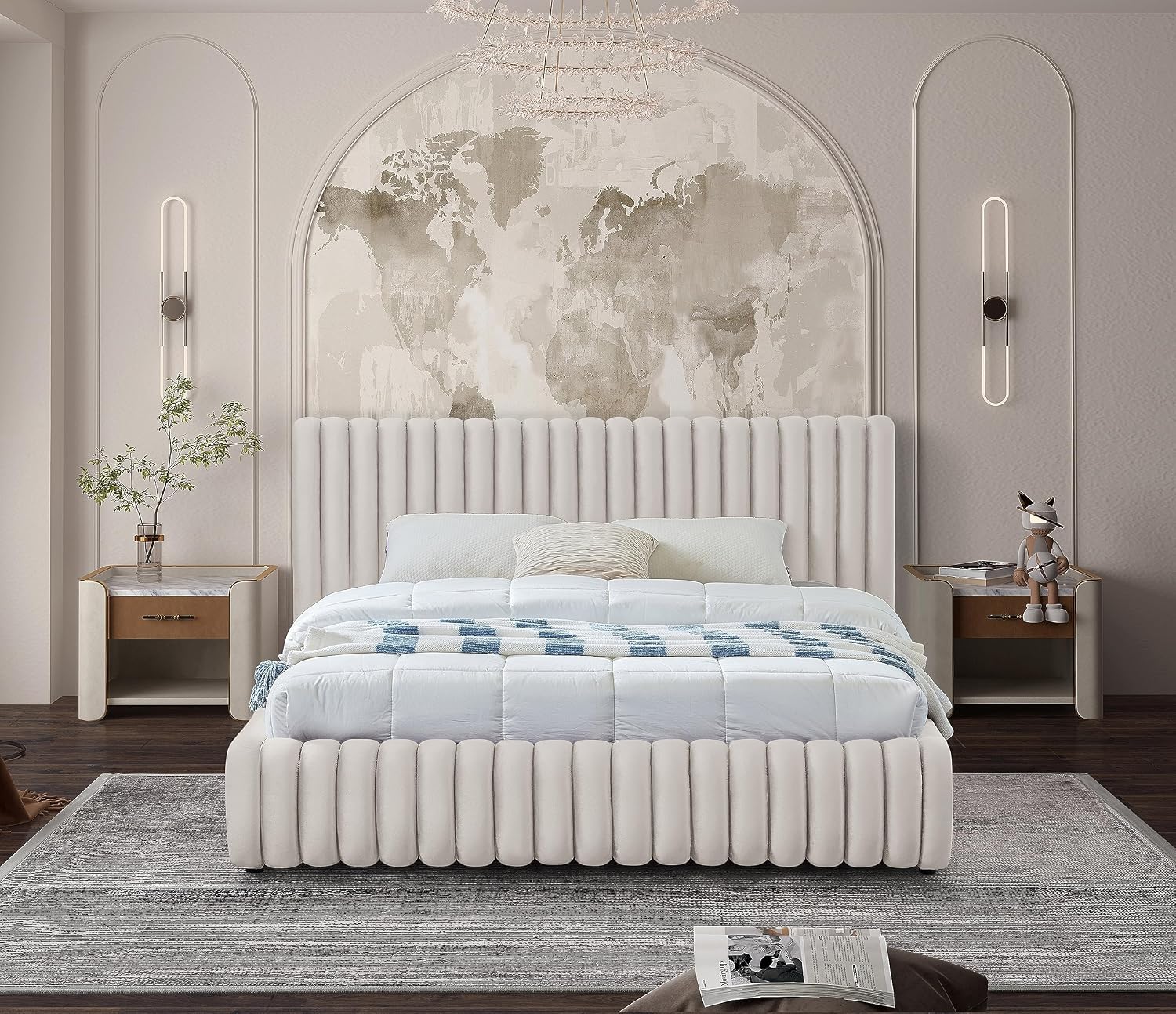 Meridian Furniture NicoCream-K Nico Collection Modern | Contemporary Velvet Upholstered King Bed with Rich Cream Velvet and Deep Channel Tufting, 89' W x 91' D x 38' H, Cream, King