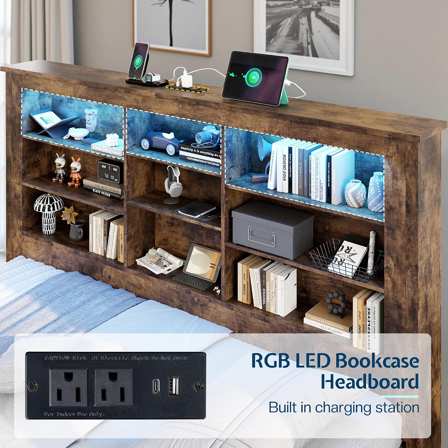 Jocisland Twin Bed Frame with Storage Drawers, Bookcase Headboard, USB Charging, RGB Lights, Farmhouse Wood Daybed No Box Spring Needed, Rustic Oak | 49' tall shelving