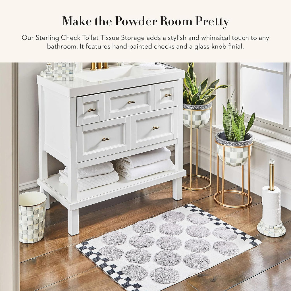 MACKENZIE-CHILDS Enamel Toilet Tissue Storage, Decorative Toilet-Paper Holder Stand for Bathroom, Gray-and-White Sterling Check