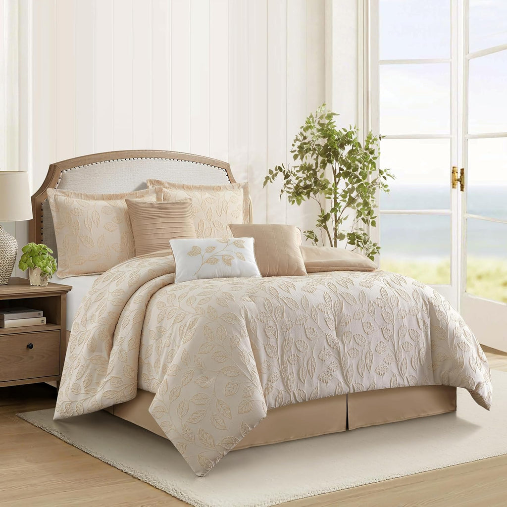 Stratford Park 3D Jacquard Leaves Polyester Comforter Set, 7 Piece Beige Gold Queen Size Bedding Set, All Season Bedding, Matching Pillows, Shams, Bed Skirt