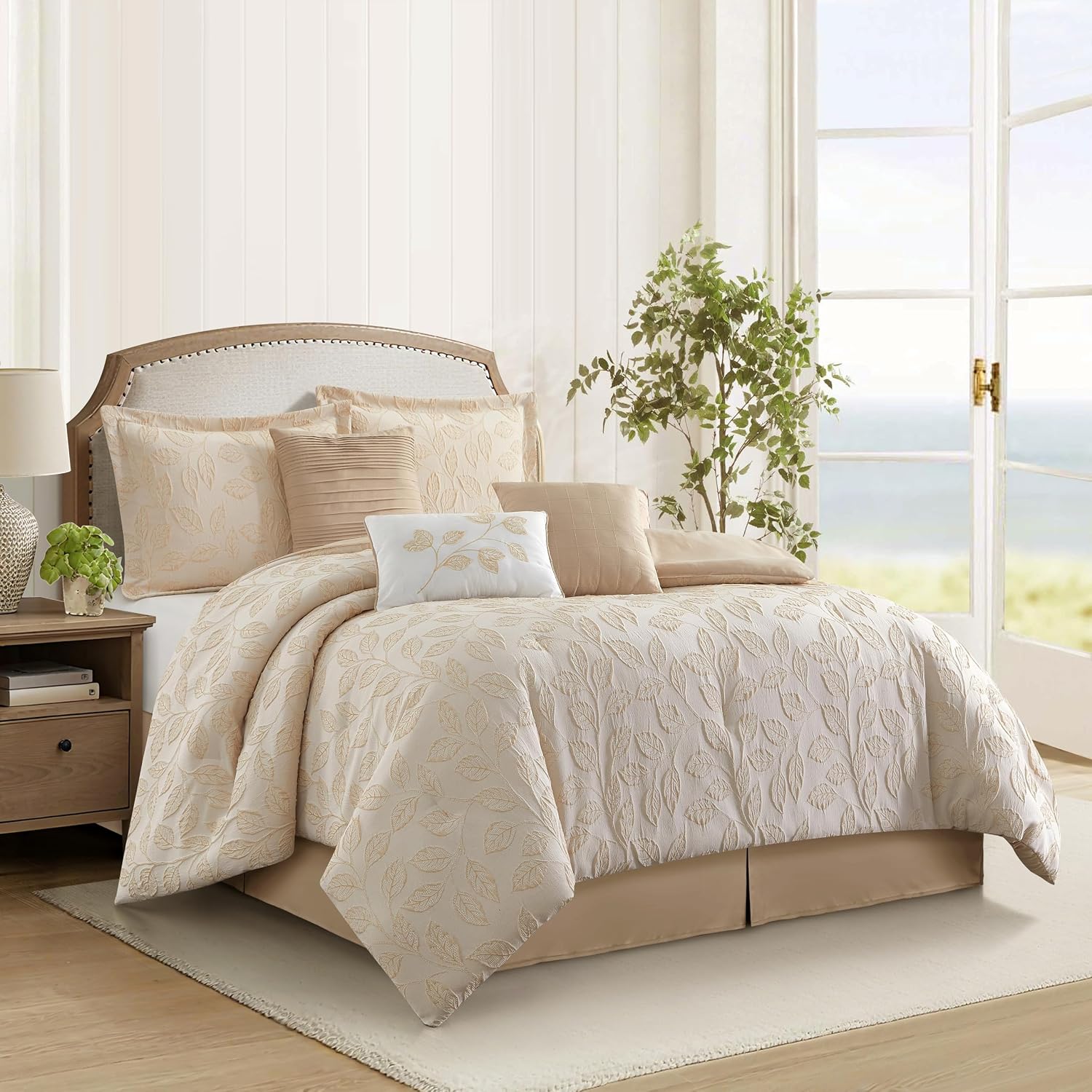 Stratford Park 3D Jacquard Leaves Polyester Comforter Set, 7 Piece Beige Gold Queen Size Bedding Set, All Season Bedding, Matching Pillows, Shams, Bed Skirt