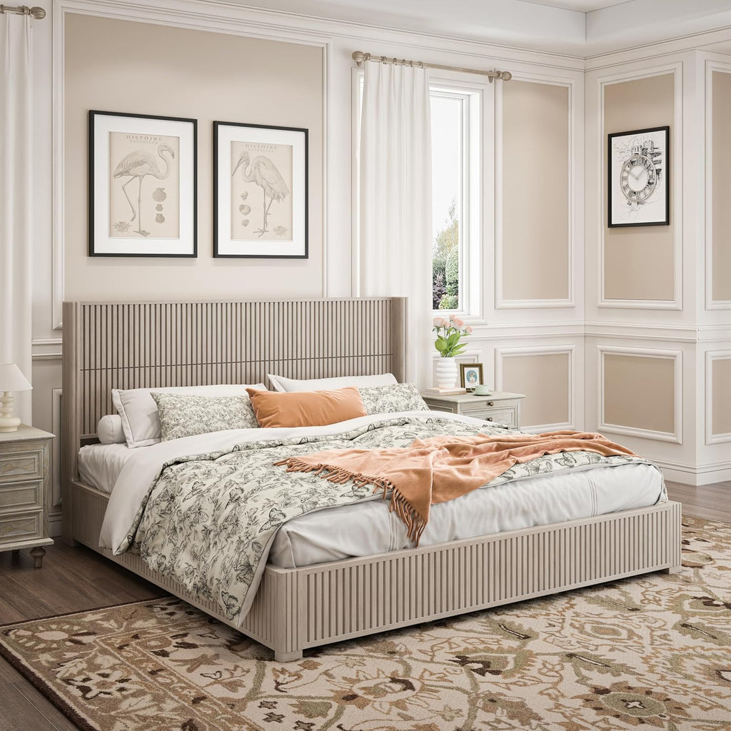 Solid Wood Platform Bed Frame with Headboard, King Size Bed Frame No Box Spring Needed, Floor Standing Wood Bed Frame, Easy Assembly Bedroom Furniture, Beige Finish
