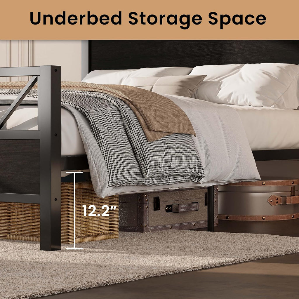 LIKIMIO King Bed Frame, Tall Industrial Headboard 51.2 ', Platform Bed Frame with Strong Metal Support, Solid and Stable, Noise Free, No Box Spring Needed, Easy Assembly, Black