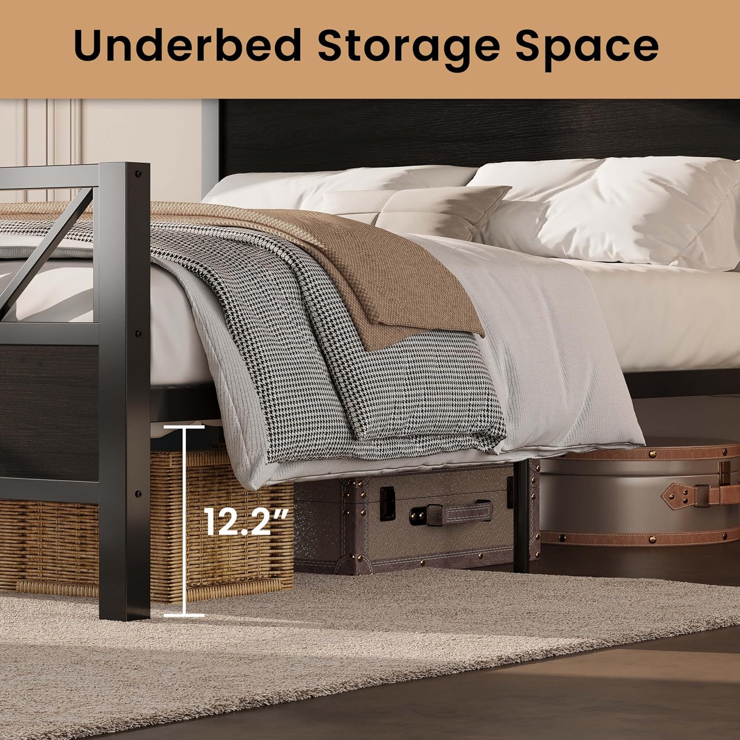 LIKIMIO King Bed Frame, Tall Industrial Headboard 51.2 ', Platform Bed Frame with Strong Metal Support, Solid and Stable, Noise Free, No Box Spring Needed, Easy Assembly, Black