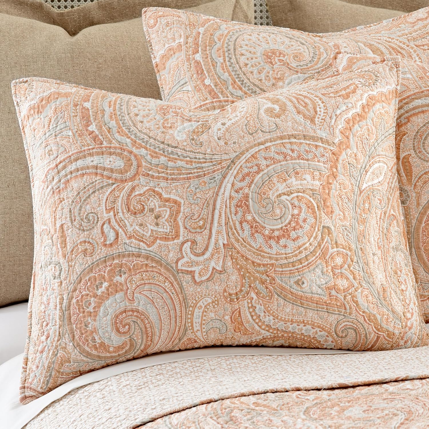 Levtex Home - Spruce Coral Quilt Set - Full/Queen Quilt (88x92in.) + Two Standard Pillow Shams (26x20in.) - Paisley Pattern in Coral and Tan - Reversible - Cotton