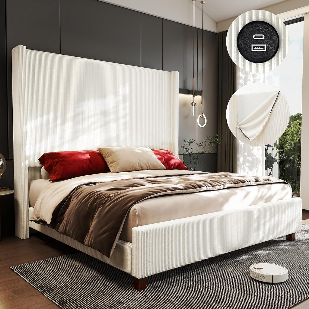 Queen Size 65.2' Tall Upholstered Bed Frame with USB Charging Station,Soft Washable Corduroy Cover with Wingback Headboard, Solid Wood Legs/Noise-Free/No Box Spring Needed/Beige