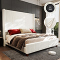 King Size 65.2' Upholstered Bed Frame with USB Charging Station,Soft Washable Corduroy Cover with Wingback Headboard, Solid Wood Legs/Noise-Free/No Box Spring Needed/Beige