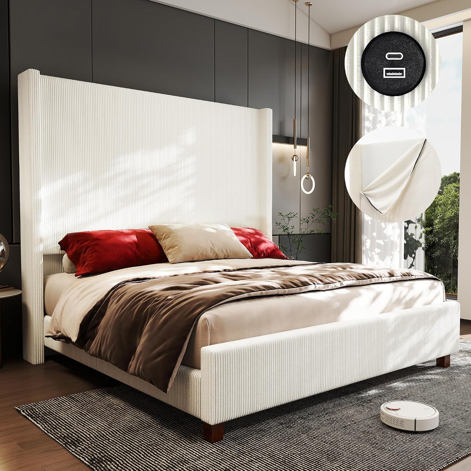 King Size 65.2' Upholstered Bed Frame with USB Charging Station,Soft Washable Corduroy Cover with Wingback Headboard, Solid Wood Legs/Noise-Free/No Box Spring Needed/Beige