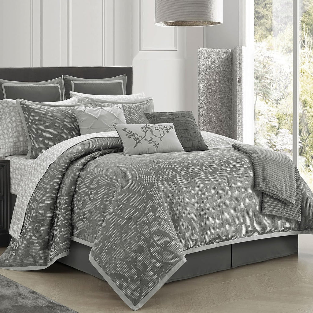 LANCO MODERN LIFESTYLE Grey King Size Comforter Set, Classic Jacquard Floral 14 Pieces Bedding Set, Ultra Soft for All Seasons, Sheets, Bedskirt, Throw, Matching Shams and Decor Pillows