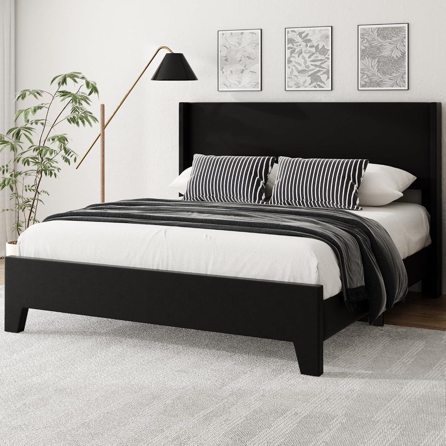 Queen Bed Frame with Faux Leather Upholstered Headboard, Wear-Resistant, Easy Clean, Mattress Foundation, No Box Spring Required, Easy Assembly, Black
