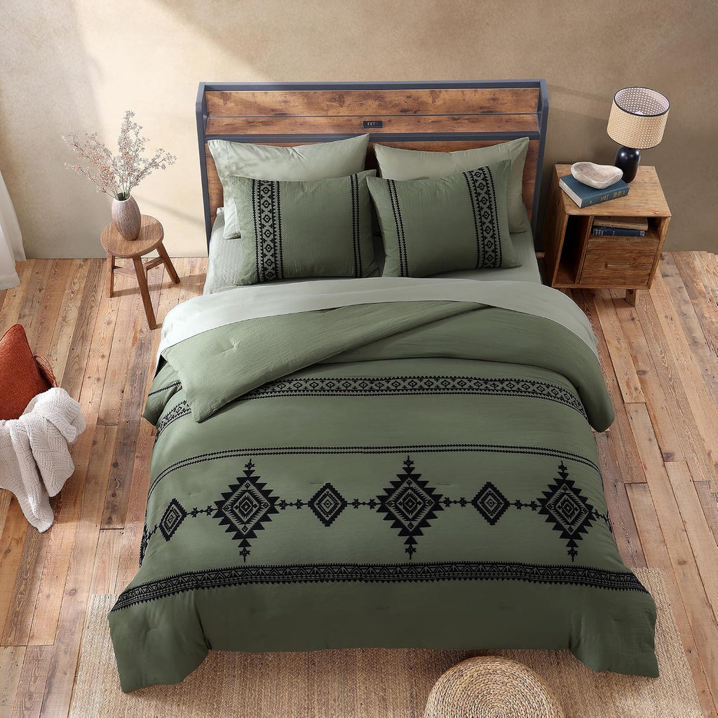 MaiRêve Super King Plus Comforter Set Dark Olive Green, Embroidery Western Boho Bedding Set 7 Pieces, All Season Farmhouse Bed in A Bag Comforter Set with Sheets, Pillowcases & Shams