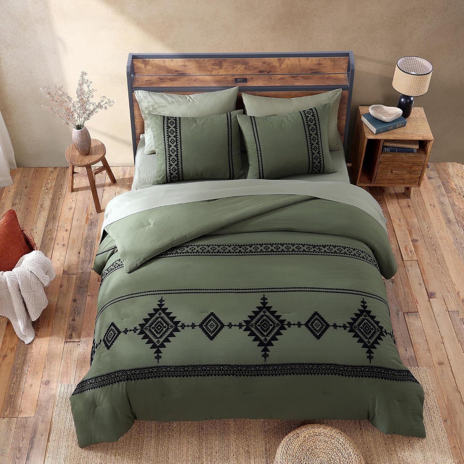 MaiRêve Super King Plus Comforter Set Dark Olive Green, Embroidery Western Boho Bedding Set 7 Pieces, All Season Farmhouse Bed in A Bag Comforter Set with Sheets, Pillowcases & Shams