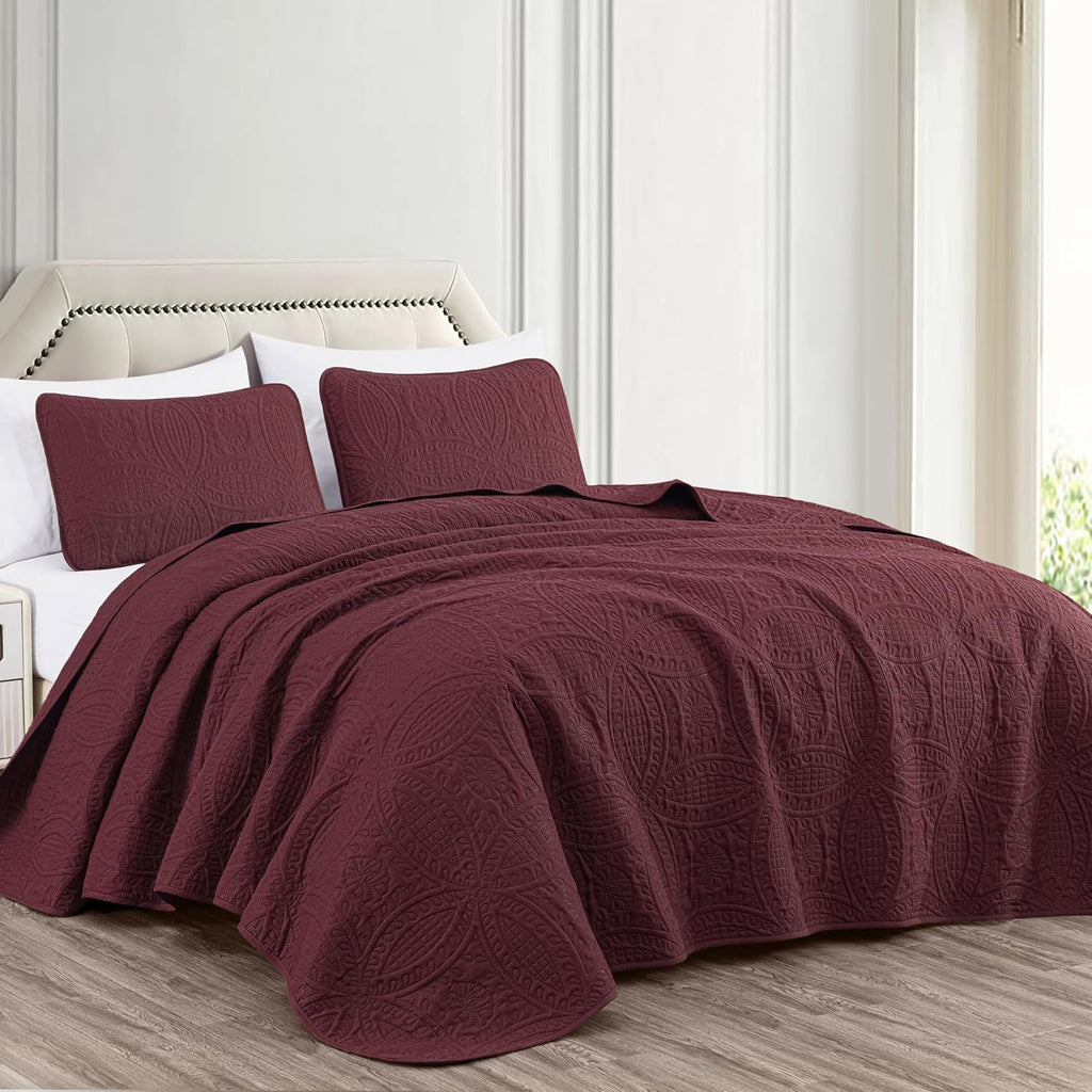Chezmoi Collection Austin 3-Piece Oversized Bedspread Coverlet Set (Queen, Burgundy) (Pack of 6)