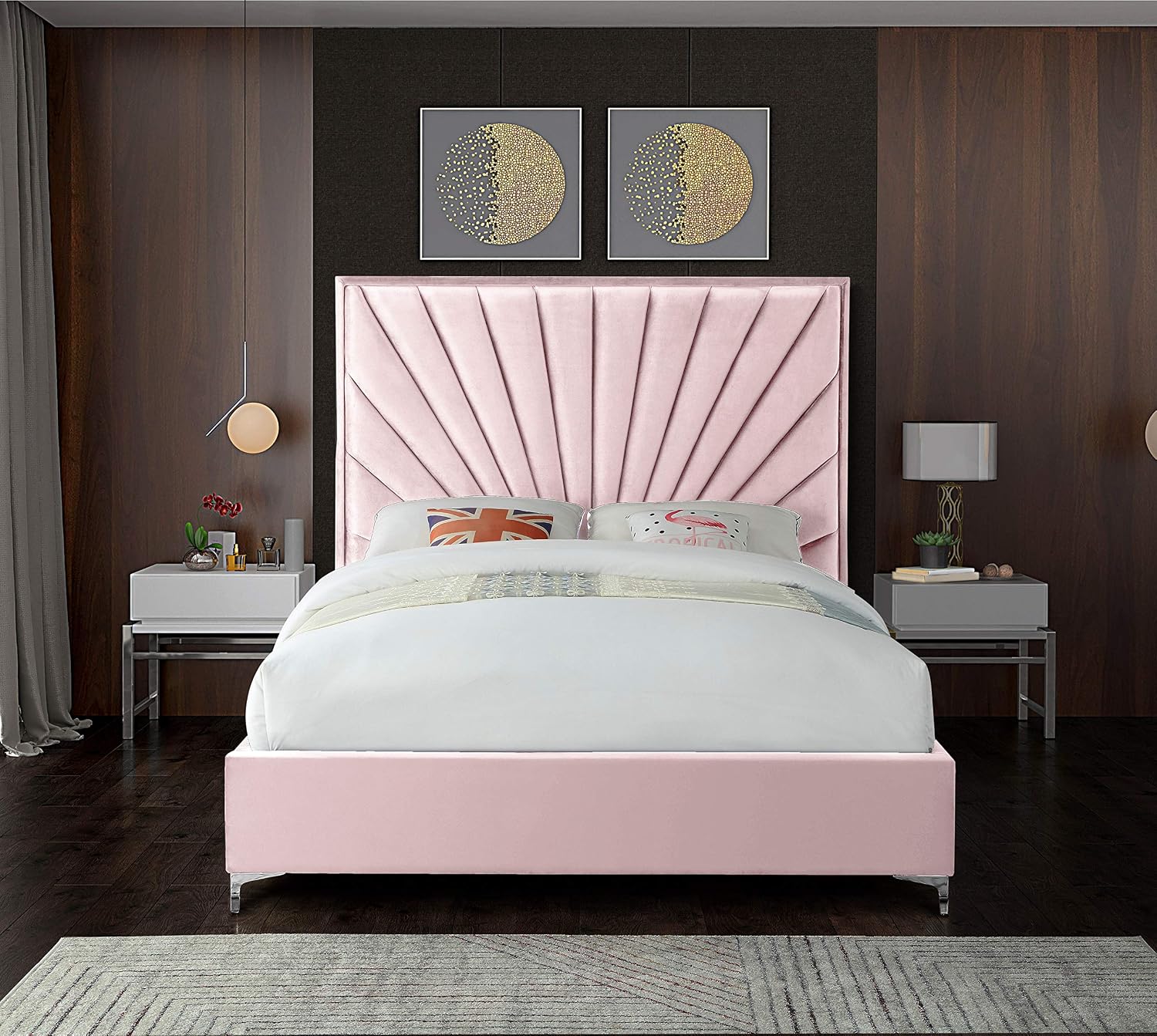 Meridian Furniture Eclipse Collection Modern | Contemporary Velvet Upholstered Bed with Channel Tufted Design and Complete Sets of Gold and Chrome Legs Included, Full, Pink
