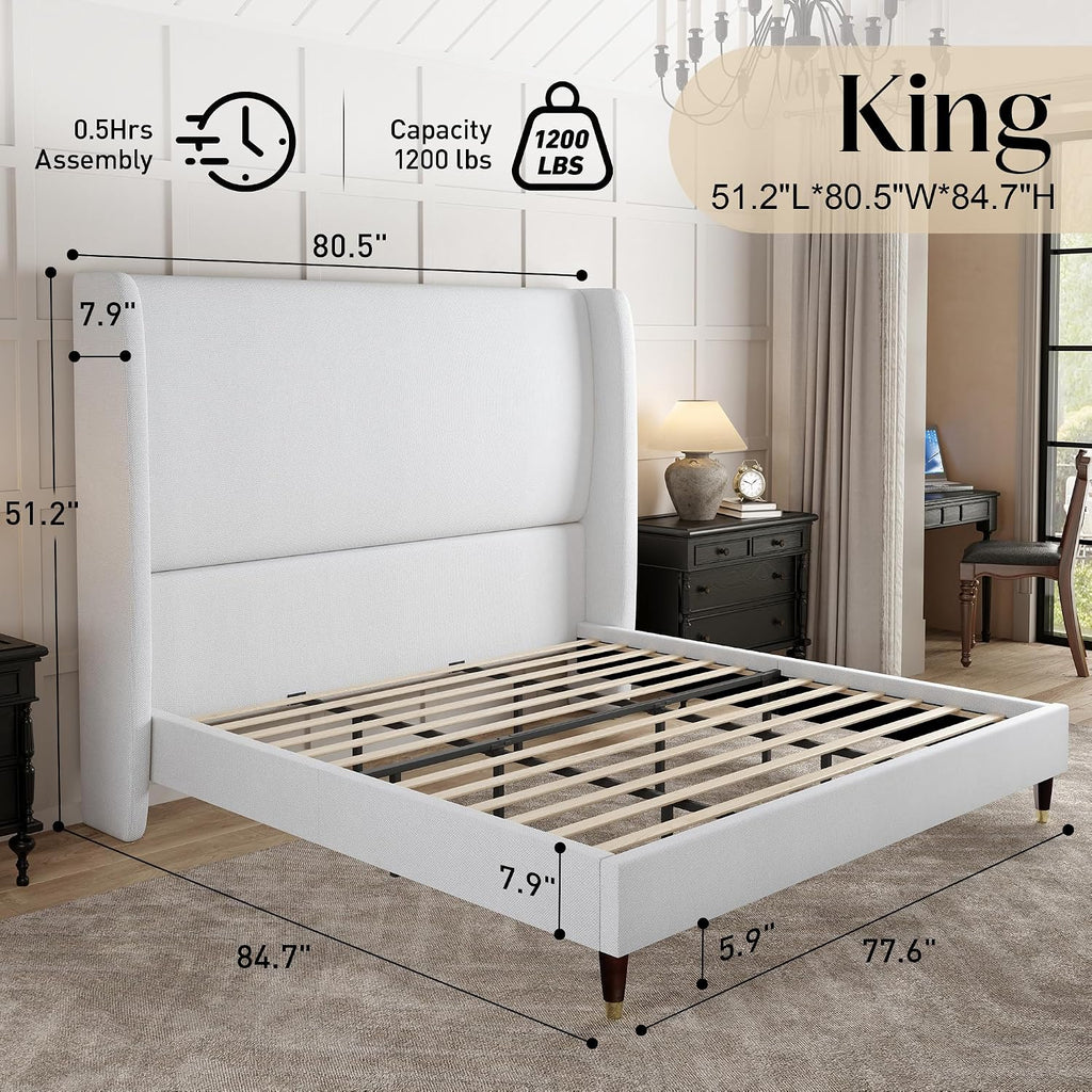 PaPaJet King Bed Frame with 51.2' Tall Wingback Headboard,Line Upholstered Platform Bed,Solid Wood Legs,No Box Spring Needed,Noise-Free&Easy Assembly,for Master Bedroom & Luxury Home,White