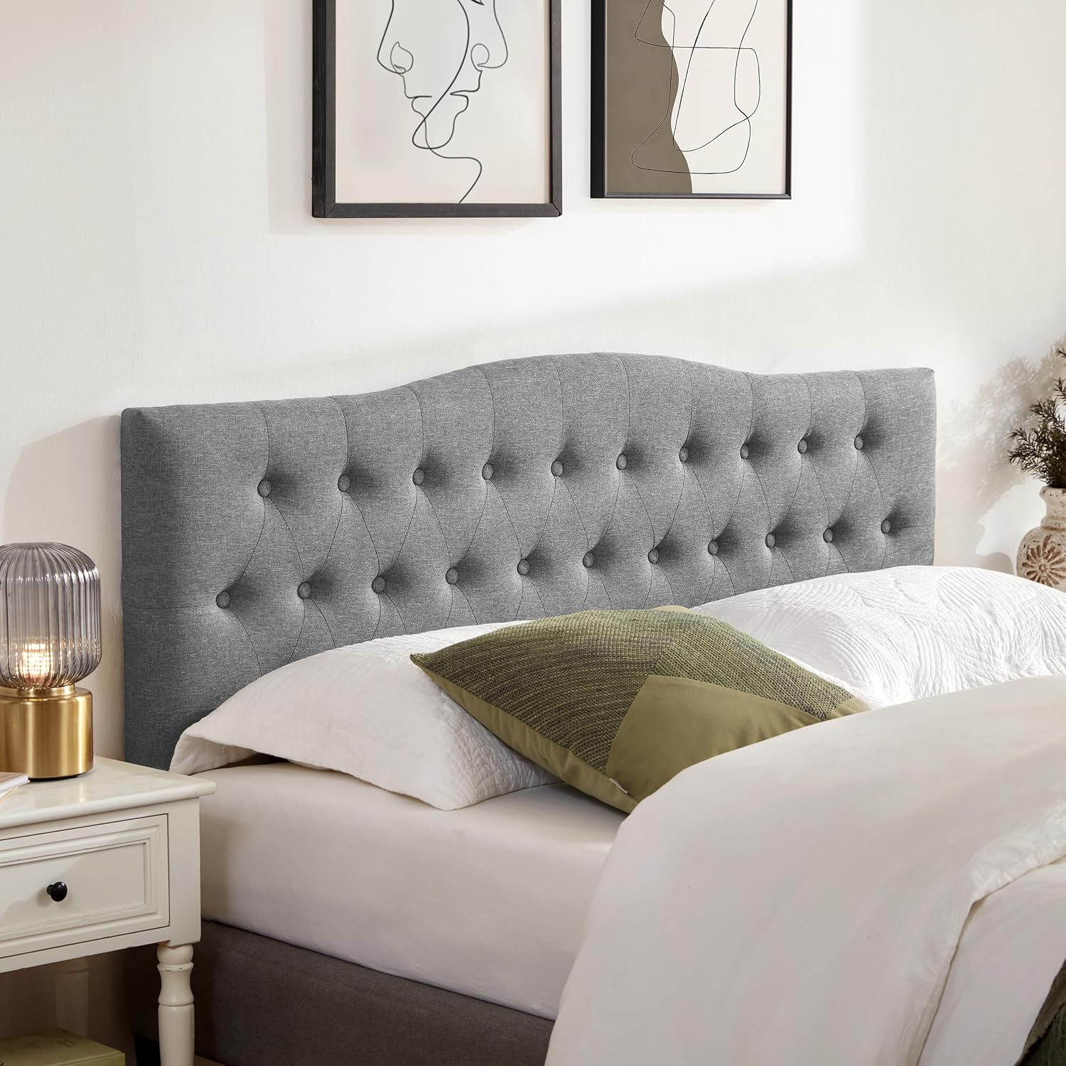 Huatean Home Tufted Upholstered Headboard King Size, Sturdy and Durable Solid Wood Bed headboard, Fabric Headboard Adjustable Height from 37' to 51', Modern Button Diamond Design Head Board, Grey
