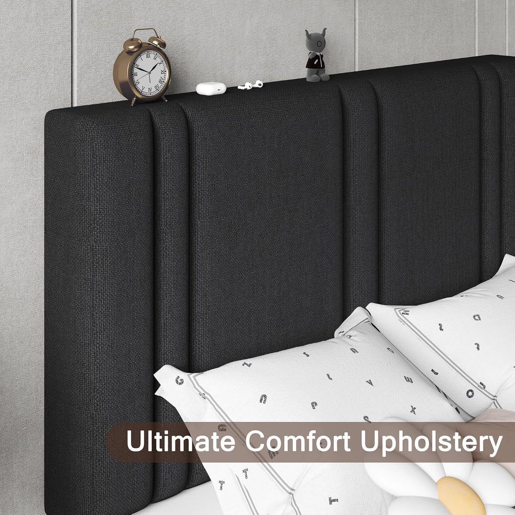 Einhomn Upholstered Twin Size Bed Frame with Linen Fabric Headboard, Strong Wooden Slats Support, Noise Free, No Box Spring Needed, Black