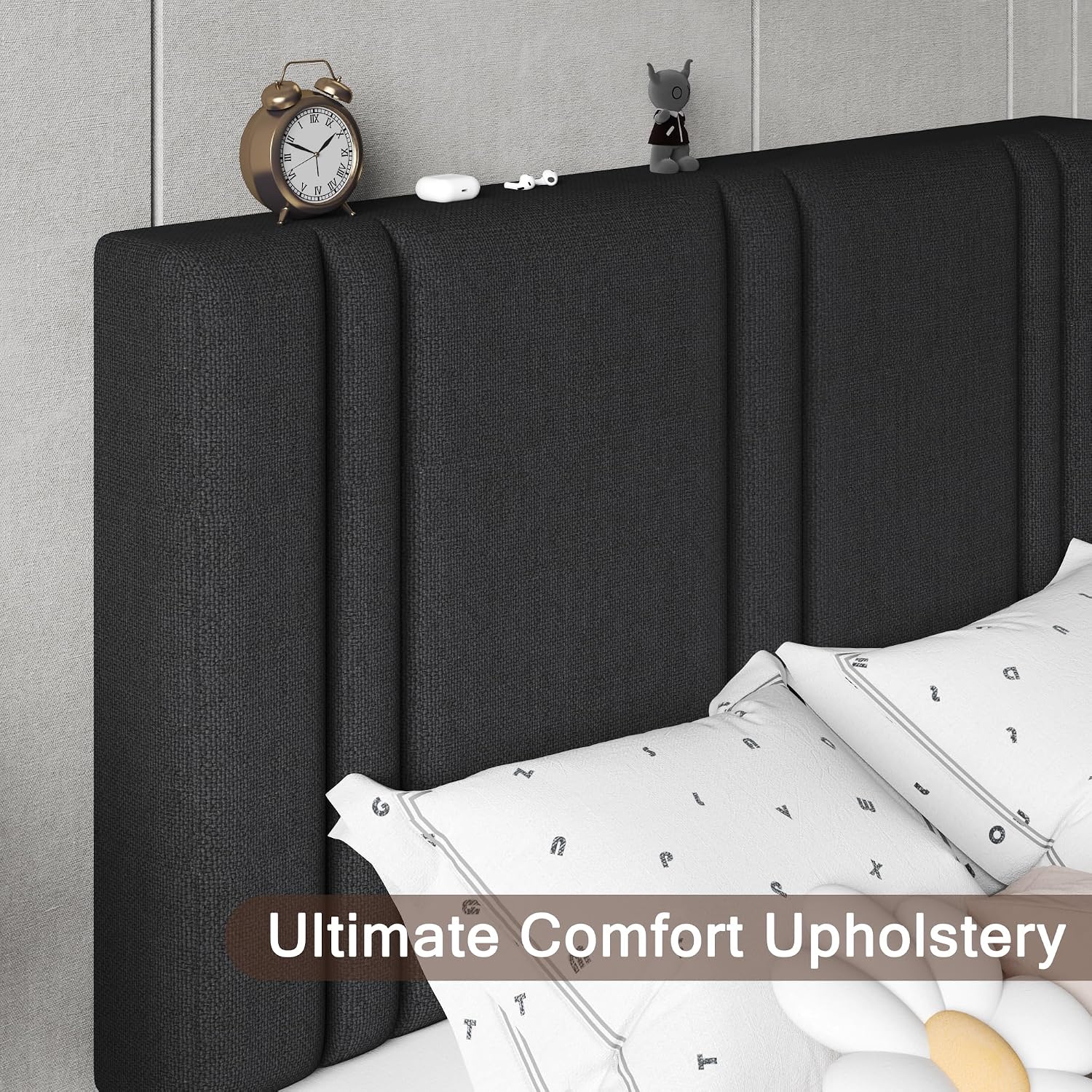 Einhomn Upholstered Twin Size Bed Frame with Linen Fabric Headboard, Strong Wooden Slats Support, Noise Free, No Box Spring Needed, Black