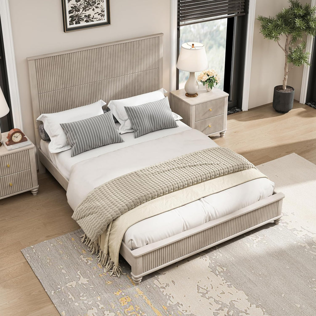 Queen Size Solid Wood Platform Bed Frame, Solid Wood Bed with 63.58' Headboard, Solid Wood Leg/No Box Spring Needed/Noise Free/Beige