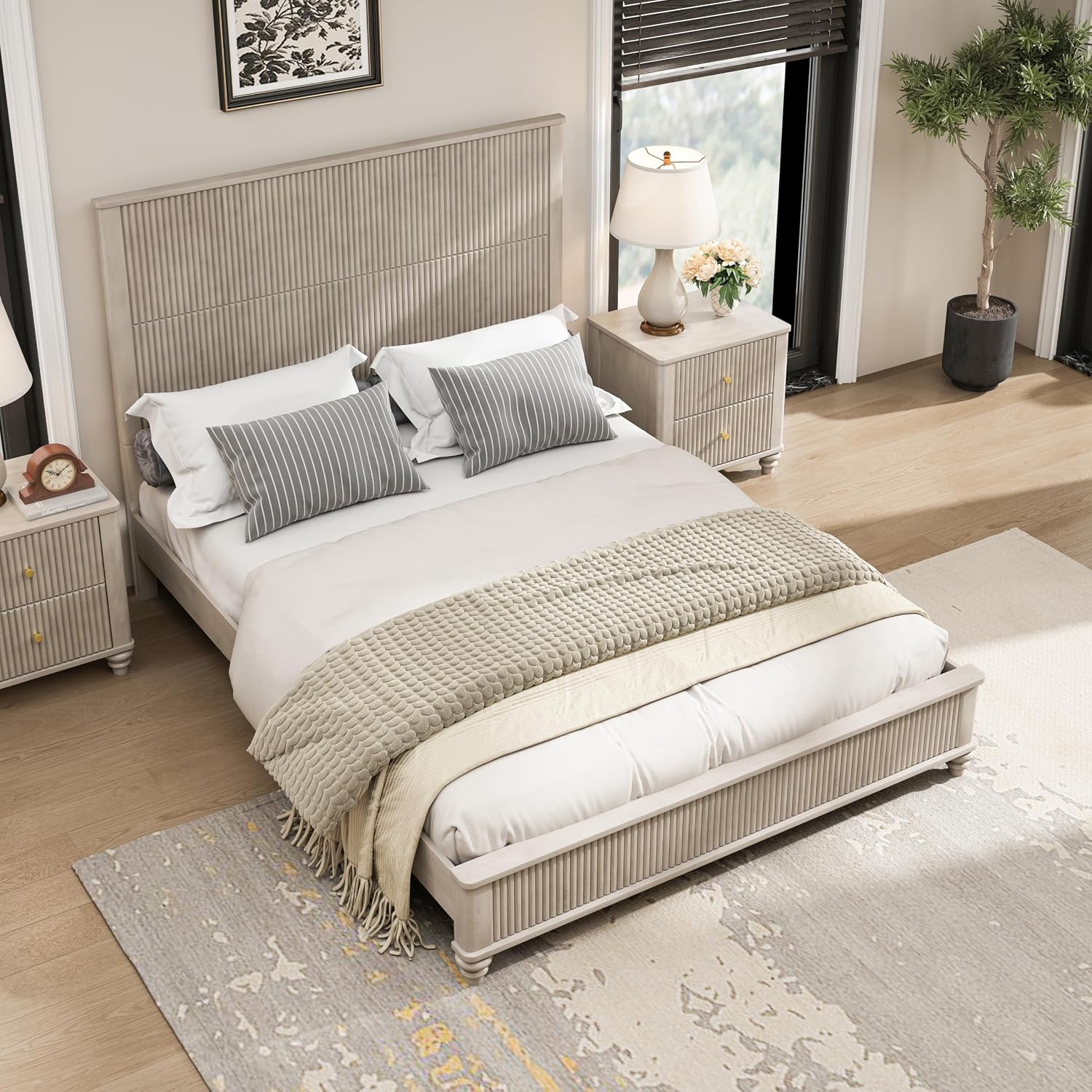 Queen Size Solid Wood Platform Bed Frame, Solid Wood Bed with 63.58' Headboard, Solid Wood Leg/No Box Spring Needed/Noise Free/Beige