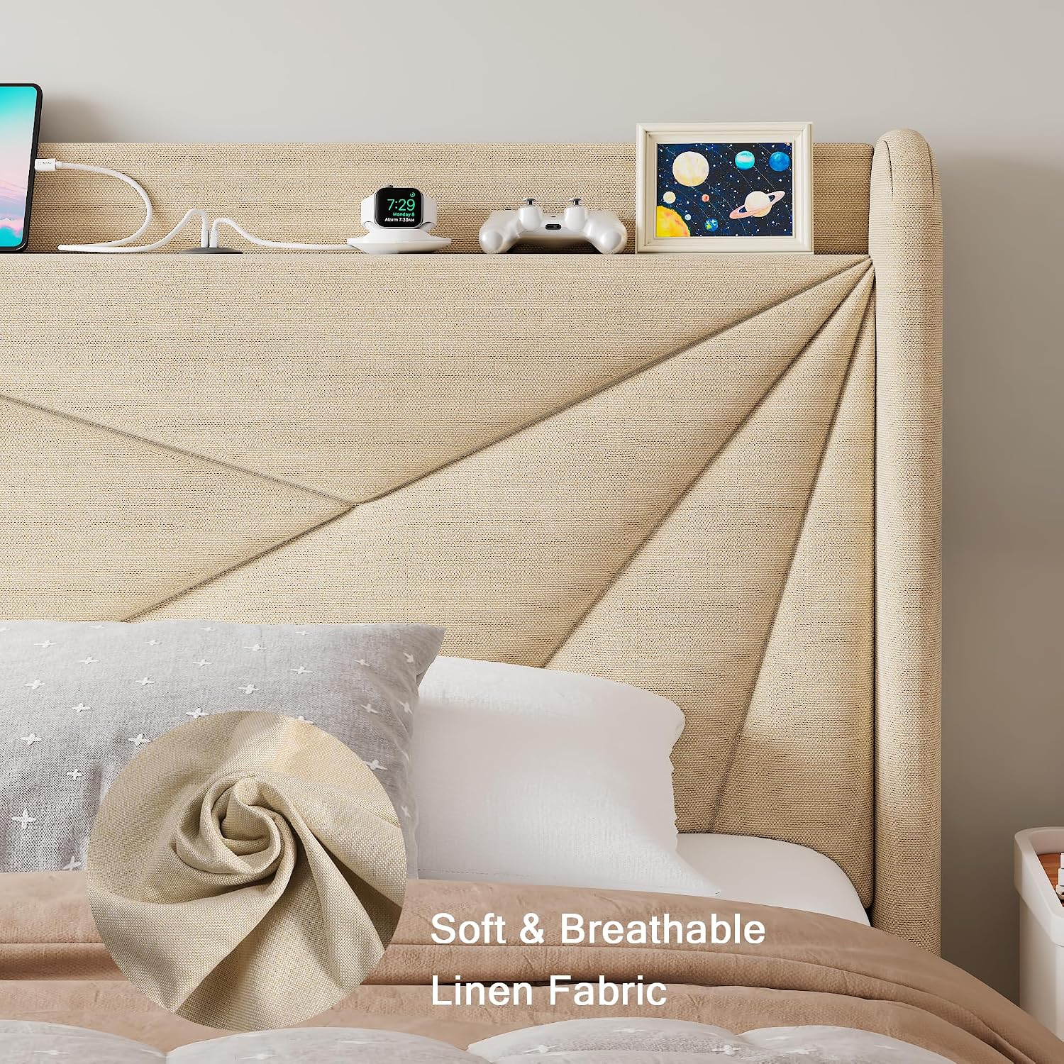 Einhomn Twin Size Upholstered Bed Frame with Charging Station, Platform Bed Frame with Storage Headboard, Solid Wood Slats Support, No Box Spring Needed, Beige
