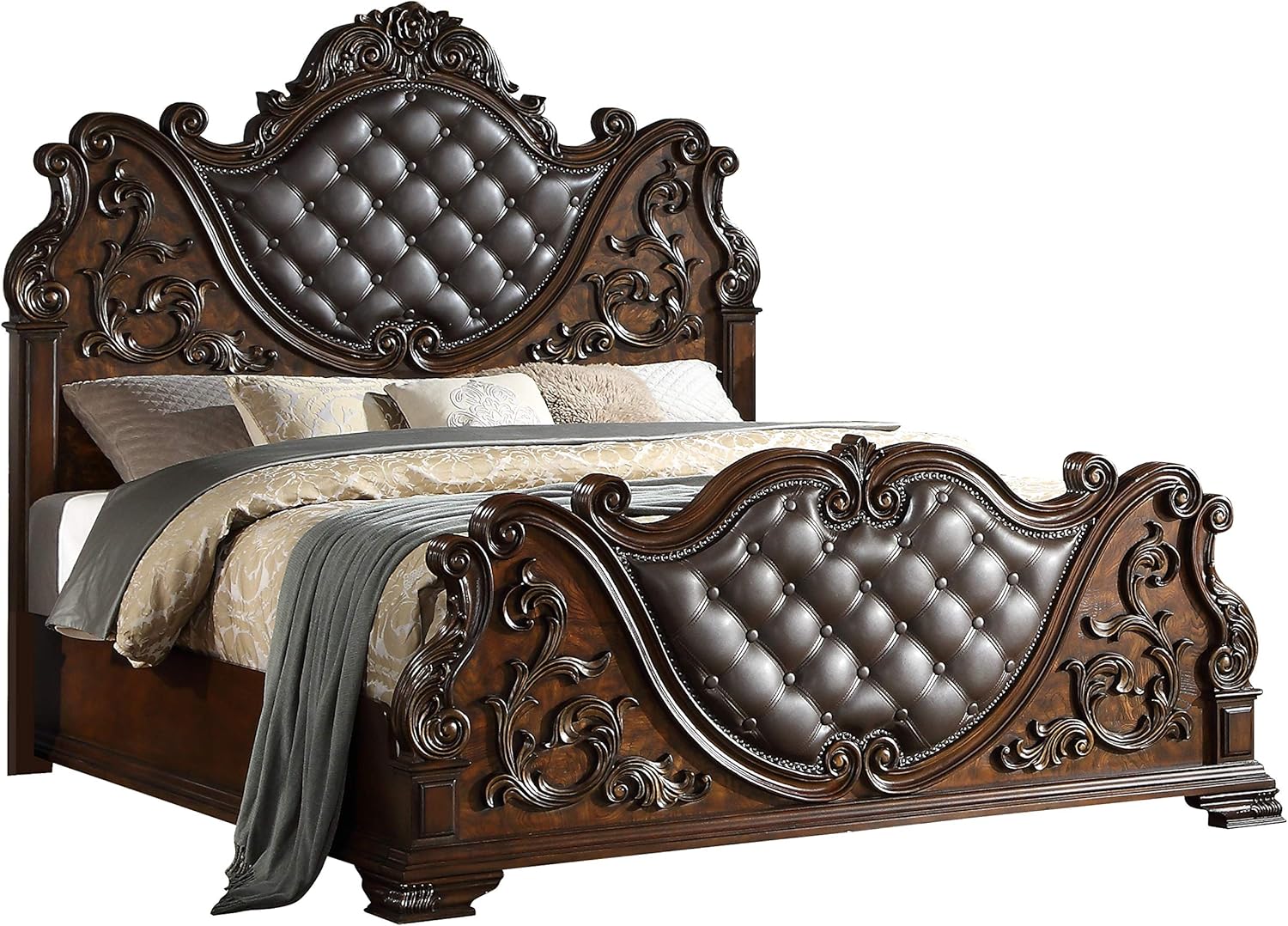 First of a Kind Santa Monica Traditional 5 Piece Queen Bedroom Set with Upholstered Tufted Headboard Elegant Classic Design Coordinated Furniture Collection, Cherry