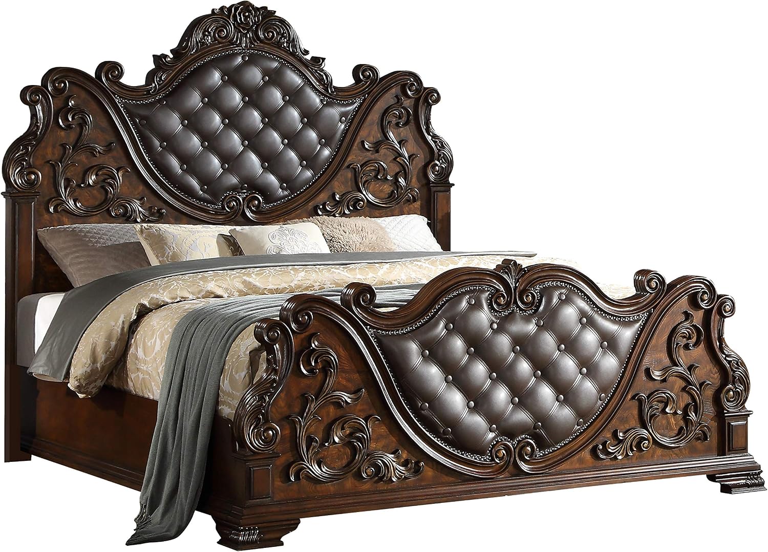 First of a Kind Santa Monica Traditional 4 Piece Queen Bedroom Set with Upholstered Tufted Headboard Elegant Classic Design Coordinated Furniture Collection, Cherry