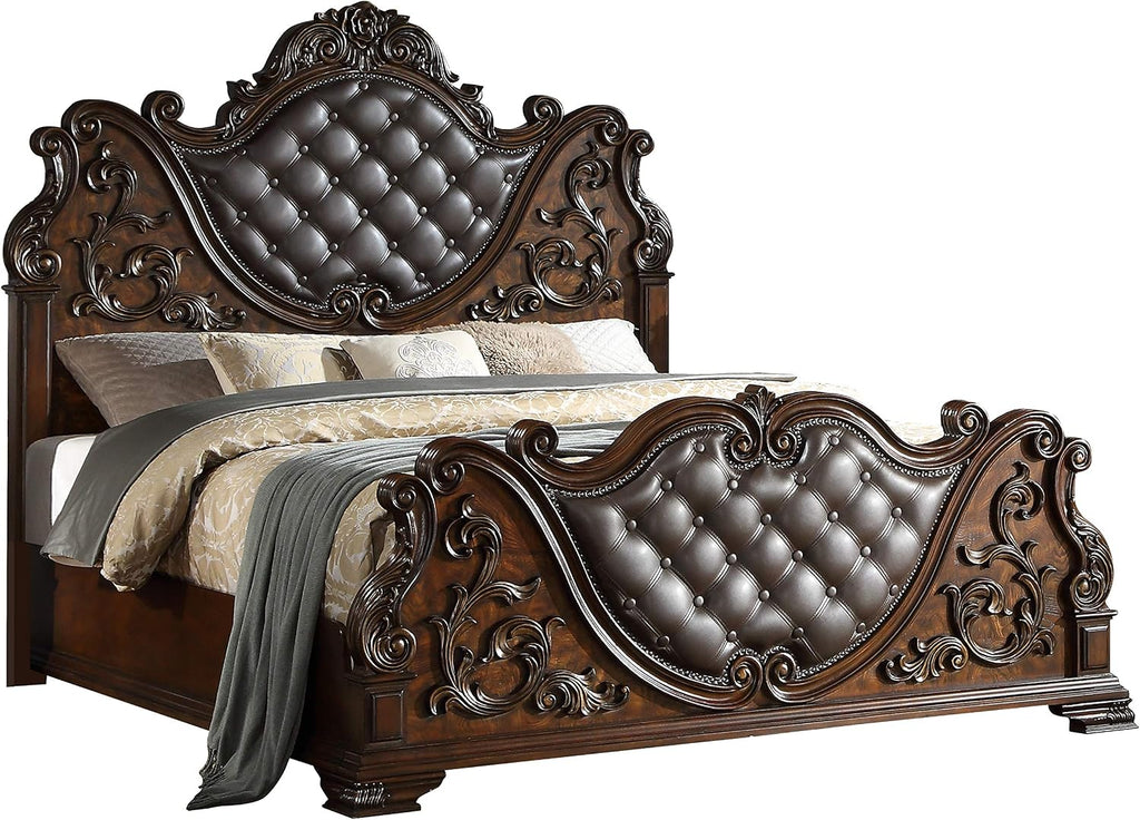 First of a Kind Santa Monica Traditional 4 Piece King Bedroom Set with Upholstered Tufted Headboard Elegant Classic Design Coordinated Furniture Collection, Cherry