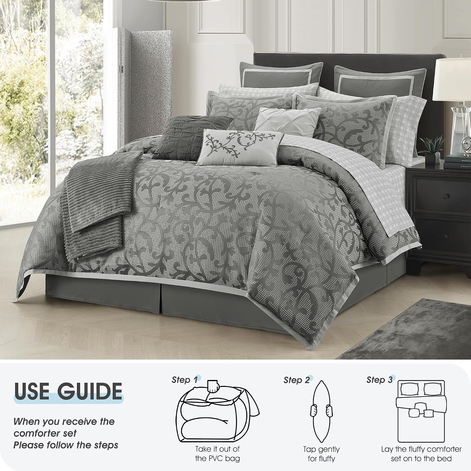 LANCO MODERN LIFESTYLE Grey King Size Comforter Set, Classic Jacquard Floral 14 Pieces Bedding Set, Ultra Soft for All Seasons, Sheets, Bedskirt, Throw, Matching Shams and Decor Pillows