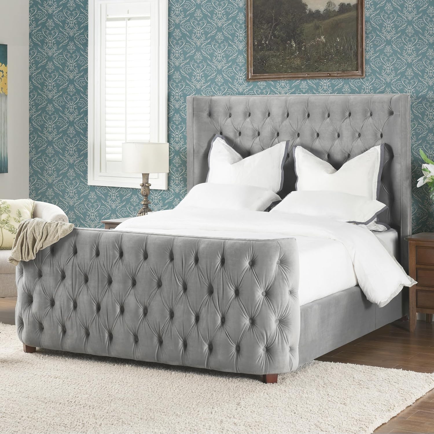 Jennifer Taylor Home Harmonie Queen Tufted Panel Bed Headboard and Footboard Set, Opal Grey Velvet